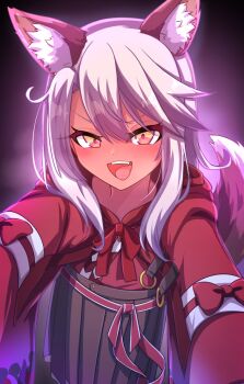 1girl animal_ear_fluff animal_ears blush breasts chawan_(yultutari) chloe_von_einzbern dark-skinned_female dark_skin fate/kaleid_liner_prisma_illya fate_(series) fox_ears fox_tail green_hakama hakama hakama_skirt highres japanese_clothes kimono long_hair long_sleeves looking_at_viewer open_mouth orange_eyes outstretched_arms pink_hair red_kimono sidelocks skirt small_breasts smile solo tail wide_sleeves