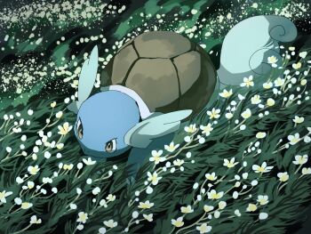 Rule 34 | animal focus, brown eyes, closed mouth, field, flower, flower field, fusenryo, gen 1 pokemon, grass, nintendo, no humans, outdoors, pokemon, pokemon (creature), pokemon focus, shell, tail, wartortle