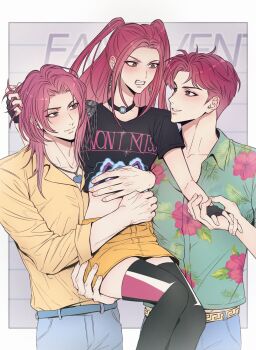 1girl 2boys abby_(kpop_demon_hunters) black_gloves black_shirt blush boots brown_eyes carrying carrying_person choker clenched_teeth commentary_request crop_top earrings floral_print gloves heart_pendant highres jewelry korean_commentary kpop_demon_hunters long_hair medium_hair mira_(kpop_demon_hunters) multiple_boys pink_hair romance_(kpop_demon_hunters) shirt short_hair sidelocks skirt teeth thigh_boots twintails wfpie yellow_shirt yellow_skirt