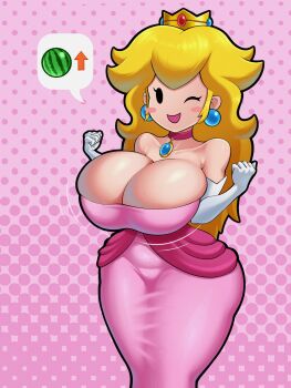 1girl arrow_(symbol) bare_shoulders blonde_hair blush breasts bursting_breasts cleavage crown dot_eyes dress elbow_gloves eyelashes female_focus food fruit gloves huge_breasts long_hair mario_(series) nintendo one_eye_closed open_mouth paper_mario paper_peach pink_dress polka_dot polka_dot_background princess_peach shiny_skin skin_thigh skindentation sleepiitreat smile solo standing thick_thighs thighs watermelon white_gloves wide_hips wink