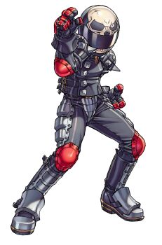 Rule 34 | 1girl, clenched hands, covered face, edaki shin'ya, elbow pads, fighting stance, full body, game cg, gloves, helmet, highres, jacket, justice gakuen, kazama akira, knee pads, leather, leather pants, looking at viewer, moero! justice gakuen, motorcycle helmet, non-web source, official art, pants, shin guards, simple background, skull print, solo, spikes, studded jacket, white background