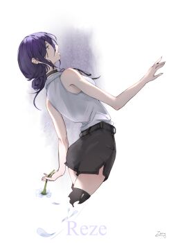 1girl absurdres black_choker black_shorts black_thighhighs chainsaw_man character_name choker clip_studio_paint_(medium) commentary_request flower highres holding holding_flower reze_(chainsaw_man) shirt short_shorts shorts sleeveless sleeveless_shirt solo thighhighs white_flower white_shirt zong_art