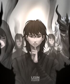 5boys absurdres aegyo_sal black_eyes black_hair black_robe black_tunic cloak finger_to_mouth hand_up highres hood hood_up hooded_cloak horns leunsensei long_hair looking_at_viewer mask messy_hair multiple_boys multiple_persona official_alternate_costume robe shadow_slave shushing smoke sunny_(shadow_slave) tunic white_hair wolf_cut