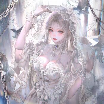 1girl bird blonde_hair blue_eyes breasts chain cleavage dress flower frills gem highres jewelry large_breasts long_hair looking_at_viewer original rose solo upper_body veil white_dress white_flower white_rose white_theme xixizi