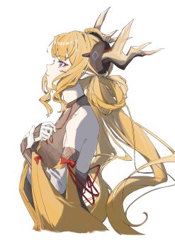 Rule 34 | 1girl, absurdres, adesu (gekkahyouzin), arknights, black shirt, blonde hair, commentary, cropped torso, detached sleeves, from side, hair rings, hands on own chest, highres, horn ornament, horns, leizi (arknights), leizi the thunderbringer (arknights), long hair, long sleeves, looking at viewer, parted lips, pointy ears, purple eyes, shirt, simple background, solo, twintails, upper body, very long hair, white background, yellow sleeves