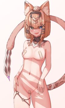 1girl animal_ears bandaid bandaid_on_pussy bandaids_on_nipples blue_eyes blunt_bangs breasts brown_hair cat_ears cat_girl cat_tail commentary commentary_request completely_nude english_commentary green_eyes heterochromia highres honkai_(series) honkai_impact_3rd korean_commentary kyaong looking_at_viewer medium_breasts mixed-language_commentary navel nude open_mouth pardofelis pasties short_hair_with_long_locks simple_background solo stomach tail white_background