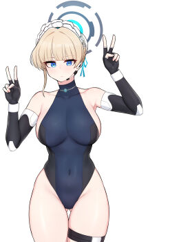 1girl absurdres alternate_breast_size_(larger) blonde_hair blue_archive blue_eyes blue_leotard cowboy_shot fingerless_gloves gloves gluteal_fold halo halo_behind_head highres legband leotard looking_at_viewer maid_headdress samyukgoo369 simple_background solo thigh_gap toki_(blue_archive) white_background