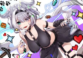 1girl aqua_eyes black_hairband black_skirt black_tank_top breasts chest_harness controller cross-shaped_pupils elira_pendora elira_pendora_(goth) fangs fingerless_gloves game_controller gloves grey_hair hair_between_eyes hairband harness head_wings heart heterochromia highres holding holding_controller holding_game_controller large_breasts looking_at_viewer low_wings midriff mole mole_on_armpit navel nijisanji nijisanji_en oji_(nyantyu081) open_mouth pixel_heart pleated_skirt purple_eyes single_fingerless_glove skirt solo symbol-shaped_pupils tank_top virtual_youtuber weewa_(elira_pendora) wings