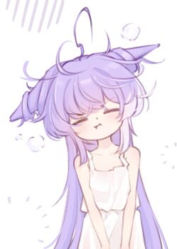 Rule 34 | 1girl, ahoge, animal ears, arms at sides, closed eyes, closed mouth, commentary request, cowboy shot, dot nose, dress, electromocha, highres, korean commentary, long hair, messy hair, multicolored hair, purple hair, simple background, sleeveless, sleeveless dress, solo, standing, stellive, streaked hair, tenko shibuki, very long hair, virtual youtuber, waking up, white background, white dress