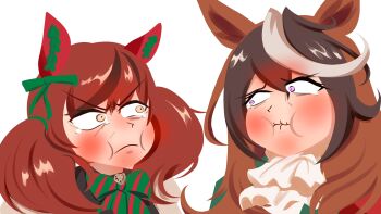 2girls :i absurdres ascot blush bow brown_eyes brown_hair diagonal-striped_bow ear_covers efn_meme gimmethemtacos green_bow highres long_hair medium_hair multicolored_hair multiple_girls nice_nature_(poinsettia_ribbon)_(umamusume) nice_nature_(umamusume) purple_eyes stifled_laugh streaked_hair striped_bow symboli_rudolf_(emperor's_path)_(umamusume) symboli_rudolf_(umamusume) twintails umamusume white_ascot white_hair