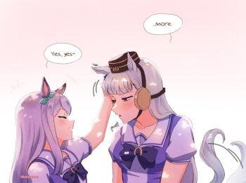 2girls animal_ears blunt_bangs bow bowtie brown_hat closed_eyes closed_mouth commentary ear_bow english_commentary english_text gold_ship_(umamusume) green_bow grey_hair hand_on_another&#039;s_head hat headpat horse_ears horse_girl horse_tail kaiyamon long_hair mejiro_mcqueen_(umamusume) multiple_girls open_mouth purple_bow purple_bowtie purple_eyes purple_hair purple_sailor_collar purple_shirt sailor_collar sailor_shirt school_uniform shirt summer_uniform tail tail_wagging tracen_school_uniform twitter_username umamusume upper_body yuri