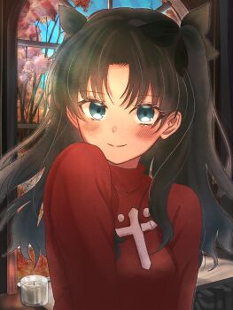 Rule 34 | 1girl, absurdres, autumn, autumn leaves, black bow, black hair, blue eyes, blue sky, blush, bookshelf, bow, branch, breasts, candle, closed mouth, commentary request, cross, cross print, day, fate/stay night, fate/unlimited blade works, fate (series), hair bow, highres, indoors, leaf, long hair, long sleeves, looking at viewer, marimohu starry, medium breasts, parted bangs, red sweater, sky, smile, solo, sunlight, sweater, table, tohsaka rin, tree, turtleneck, turtleneck sweater, two side up, upper body, wavy hair, window