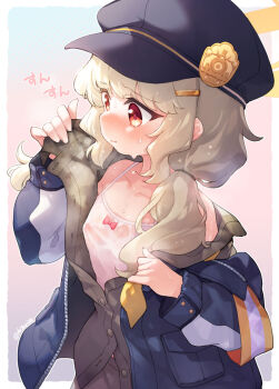 1girl aoba_(blue_archive) armband black_hat blonde_hair blue_archive blush bow bow_camisole camisole collarbone fluffy_hair halo hat highres jacket kito_(sorahate) loli long_hair long_sleeves low_twintails newsboy_cap red_eyes solo sweat twintails undressing white_camisole yellow_armband yellow_halo