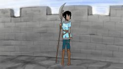 1girl animated bent_over biku black_hair blue_pants blue_shirt boots clothes_pull female_pubic_hair highres open_mouth panties pants pants_pull panty_pull peeing peeing_on_wall polearm pubic_hair puddle shirt short_hair solo sound standing underwear video wall weapon