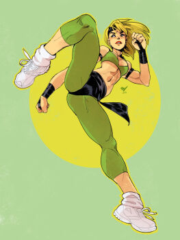 Rule 34 | 1girl, armlet, bandaged wrist, bandages, biceps, black headband, black panties, blonde hair, blue eyes, breasts, clenched hands, earrings, fighting stance, full body, green leggings, green sports bra, headband, high kick, jewelry, kicking, leggings, lips, loose socks, medium breasts, medium hair, midriff, mortal kombat (series), muscular, muscular female, panties, sash, shoes, sneakers, socks, solo, sonya blade, sports bra, standing, standing on one leg, tiptoes, underwear, vashperado, white leggings, white shoes