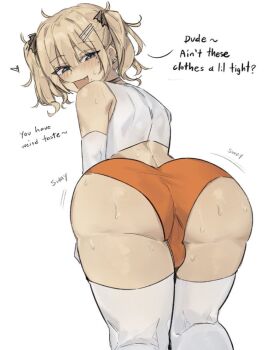 Rule 34 | 1boy, ass, ass focus, black ribbon, blonde hair, blue eyes, bulge, crop top, crossdressing, crossdressing (mtf), detached sleeves, english text, from behind, hair ornament, hair ribbon, hairclip, highres, hooters, huge ass, looking at viewer, looking back, nabi (xcider), nabibutter, ribbon, short shorts, shorts, solo, solo focus, thick thighs, thighhighs, thighs, trap, twintails, white background, xcider