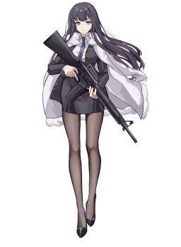 1girl assault_rifle black_hair black_jacket black_pantyhose black_shoes black_skirt blue_eyes blue_necktie business_suit coat coat_on_shoulders collared_shirt commentary_request etoria formal_clothes full_body fur-trimmed_coat fur_trim gun highres holding holding_gun holding_weapon jacket long_hair long_sleeves necktie office_lady original pantyhose rifle shirt shoes simple_background skirt solo suit suit_jacket weapon white_background white_coat white_shirt