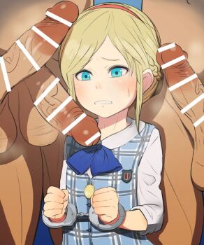 1girl 3boys 4066 bar_censor blonde_hair blue_eyes blush bound bound_wrists braid capcom censored clenched_hands clothed_female_nude_male crown_braid cuffs embarrassed erection flat_chest hairband handcuff handcuffs hetero loli looking_at_viewer multiple_boys nose nude parted_lips penis red_hairband resident_evil resident_evil_2 school_uniform sherry_birkin short_hair sidelocks solo_focus testicles veins veiny_penis