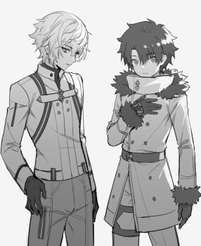 2boys chinese_commentary chocomirukuaji coat command_spell commentary_request cosplay costume_switch fate/grand_order fate_(series) fujimaru_ritsuka_(male) fujimaru_ritsuka_(male)_(decisive_battle_chaldea_uniform) fujimaru_ritsuka_(male)_(decisive_battle_chaldea_uniform)_(cosplay) fur-trimmed_coat fur_trim gloves greyscale kadoc_zemlupus kadoc_zemlupus_(cosplay) male_focus monochrome multiple_boys pants