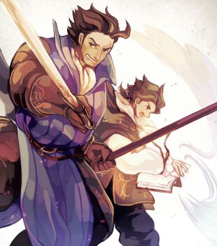 2boys blue_tabard book brown_eyes brown_gloves brown_hair cape clenched_teeth commentary_request cyrus_albright dual_wielding floating_clothes gloves hair_slicked_back holding holding_book holding_polearm holding_sword holding_weapon looking_ahead looking_to_the_side male_focus multiple_boys octopath_traveler octopath_traveler_i olberic_eisenberg open_book open_mouth paaaa77 polearm profile scar scar_on_face scar_on_forehead shirt short_hair sword tabard teeth weapon white_background white_shirt