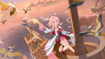 4girls absurdres arm_up backpack bag bird black_hair black_necktie blonde_hair blue_wings book boots breasts brown_boots celaeno_(genshin_impact) commentary_request crystal_hair_ornament detached_collar detached_sleeves dress floating full_body genshin_impact hair_between_eyes hair_ornament halo head_wings heart heart-shaped_pupils highres holding holding_paper linnea_(genshin_impact) looking_at_viewer lumi_(genshin_impact) lumine_(genshin_impact) mast material_growth medium_breasts moonglow_firefly_(genshin_impact) multiple_girls necktie ocean on_ship outdoors paimon_(genshin_impact) paper pink_eyes pink_hair pink_wings pointy_ears red_bag red_dress romper shi-er-shi ship ship's_wheel siblings sisters sitting solo_focus symbol-shaped_pupils two-tone_wings water watercraft waving white_dress white_hair white_romper wing_hair_ornament wings