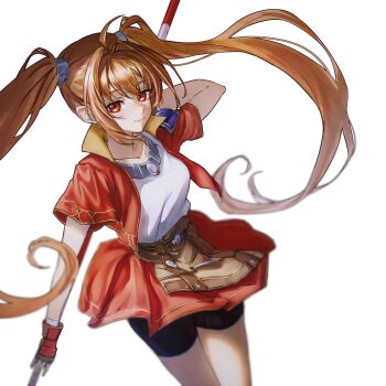 1girl absurdres ahoge antenna_hair bike_shorts bike_shorts_under_skirt bo_staff brown_hair closed_mouth collarbone cropped_jacket double-parted_bangs eiyuu_densetsu estelle_bright hair_between_eyes hair_intakes highres holding holding_staff holding_weapon long_hair looking_at_viewer madou_zakura red_eyes short_sleeves shorts shorts_under_skirt simple_background skirt smile solo sora_no_kiseki staff twintails upper_body very_long_hair weapon white_background