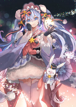 Rule 34 | 1girl, 58 (scbaby), absurdres, aqua eyes, aqua hair, blue gloves, blush, bonnet, closed mouth, commentary, crescent, crescent hair ornament, feet out of frame, fortissimo, frilled bonnet, frills, fur-trimmed kimono, fur-trimmed sleeves, fur trim, gloves, gradient hair, hair between eyes, hair ornament, hand on own cheek, hand on own face, hatsune miku, highres, holding, holding umbrella, japanese clothes, kimono, long hair, long sleeves, looking at viewer, multicolored hair, musical note, musical note hair ornament, official alternate costume, official alternate hairstyle, pink hair, pink kimono, pink thighhighs, pom pom (clothes), rabbit, rabbit yukine, smile, snowflake print, snowflakes, sun hair ornament, symbol-only commentary, thighhighs, twintails, umbrella, very long hair, vocaloid, wide sleeves, yuki miku, yuki miku (2023)