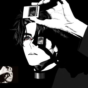 2boys black_hair bloodshot_eyes curtained_hair faceless highres holding kim_dokja kitty7love37393 limited_palette male_focus multiple_boys omniscient_reader&#039;s_viewpoint one_eye_covered partially_shaded_face portrait reference_inset short_hair spot_color yoo_joonghyuk