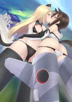 2girls animal_ears artist_request ass blonde_hair brown_eyes brown_hair butt_crack eye_contact flying gloves green_eyes heinrike_prinzessin_zu_sayn-wittgenstein highres kiss kuroda_kunika long_hair looking_at_another multiple_girls panties short_hair side-tie_panties strike_witches striker_unit tail underwear world_witches_series yuri