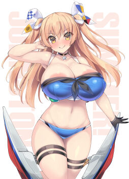 1girl akikaze_tsumuji areola_slip bikini black_gloves black_neckerchief blue_bikini breasts brown_eyes brown_hair character_name choker cowboy_shot gloves hair_ribbon highres huge_breasts johnston_(kancolle) johnston_kai_(swimsuit)_(kancolle) kantai_collection long_hair looking_at_viewer machinery navel neckerchief official_alternate_costume ribbon sailor_bikini sailor_collar single_glove solo star_(symbol) star_choker strapless swimsuit tube_top two_side_up