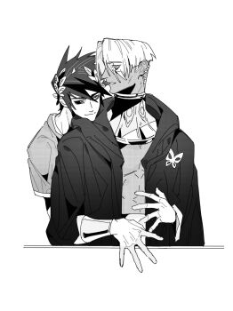 2boys abs acer_findo armlet bare_pectorals closed_mouth colored_sclera commentary dark-skinned_male dark_skin english_commentary eye_contact hades_(series) hades_1 highres hood hood_down hooded_jacket hug hug_from_behind jacket jewelry laurel_crown looking_at_another looking_to_the_side male_focus mismatched_sclera multiple_boys necklace open_clothes open_jacket parted_hair pectorals short_hair short_sleeves simple_background smile spiked_hair thanatos_(hades) white_background yaoi zagreus_(hades)