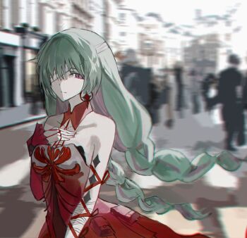 1girl bandage_over_one_eye bandaged_arm bandages bare_shoulders blurry blurry_background braid breasts chinese_commentary chromatic_aberration closed_mouth commentary_request dress earrings eif7 grey_hair halter_dress halterneck hand_on_own_chest highres jewelry long_hair low_twin_braids medium_breasts multicolored_hair photo_background phrolova_(wuthering_waves) purple_eyes red_dress single_sleeve solo streaked_hair tacet_mark_(wuthering_waves) twin_braids wuthering_waves