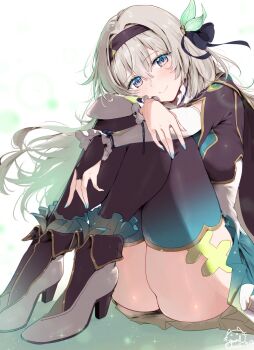 1girl aqua_nails aqua_skirt black_hairband black_jacket black_thighhighs blush breasts bridal_gauntlets cropped_jacket firefly_(honkai:_star_rail) gradient_thighhighs grey_hair hairband high_heels highres honkai:_star_rail honkai_(series) hugging_own_legs jacket long_hair looking_at_viewer medium_breasts multicolored_eyes purple_eyes shirt shoes signature single_bridal_gauntlet sitting skirt smile solo thighhighs two-tone_eyes white_background white_shirt white_shoes yuuri_(orz_commushows)