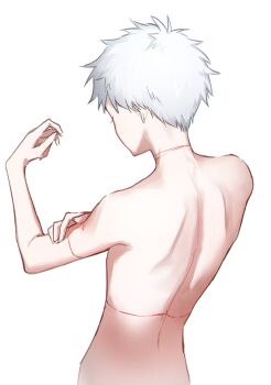 1boy absurdres back from_behind highres hikaru_ga_shinda_natsu indou_hikaru male_focus nude nyamnyam0502 short_hair simple_background skinny solo white_background white_hair