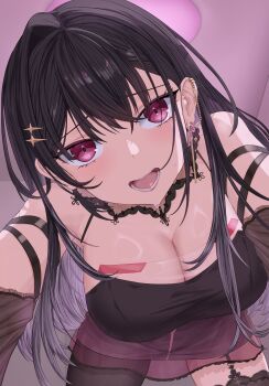 1girl absurdres arm_ribbon bare_shoulders black_dress black_hair black_ribbon breasts cleavage crossed_bangs detached_sleeves dress ear_chain ear_piercing earrings foreshortening garter_straps girl_on_top gradient_hair grey_hair highres indoors jewelry kuroha_arya lace lace-trimmed_collar lace_sleeves lace_trim large_breasts linked_piercing long_hair looking_at_viewer majin_(mazimazindayo) multicolored_hair multiple_earrings o-ring_strap open_mouth outstretched_arms piercing pov purple_dress purple_eyes reaching reaching_towards_viewer ribbon see-through_cleavage see-through_clothes see-through_dress see-through_dress_layer see-through_sleeves single_earring single_hair_intake single_leg_pantyhose single_thighhigh solo sweat thighhighs very_long_hair virtual_youtuber vspo! vspo!_en zipper