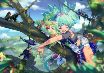 1girl bird black_shirt blue_sky braid card churin_(duel_masters) closed_eyes cloud cloudy_sky daresabu drooling duel_masters duel_masters_play&#039;s fang green_hair hairband highres holding holding_card leaf lying_on_branch mouth_drool open_mouth outdoors shirt short_sleeves shorts sky sleeping trading_card tree white_shorts