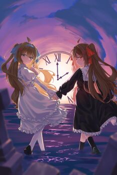 2girls absurdres ahoge backlighting black_dress black_shoes black_socks blue_hairband blue_ribbon blurry broken_heart broken_heart_hair_ornament brown_hair clock closed_mouth commentary depth_of_field dress english_commentary evil_neuro-sama from_behind fruitea_0312 full_body hair_ornament hair_ribbon hairband hand_grab heart heart_hair_ornament highres long_dress long_hair long_sleeves looking_at_viewer looking_back multiple_girls neuro-sama on_water outdoors red_ribbon ribbon shoes siblings signature sisters smile socks thighhighs tombstone twins two_side_up vedal_ai virtual_youtuber walking water white_dress white_thighhighs