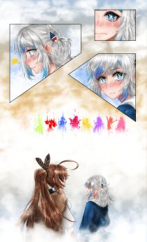 6+girls absurdres ahoge blue_eyes blue_hair blush brown_hair capelet ceres_fauna feather_hair_ornament feathers gawr_gura gawr_gura_(1st_costume) grey_hair hair_ornament hakos_baelz highres hololive hololive_english irys_(hololive) irys_(irys_2.0)_(hololive) mori_calliope multicolored_hair multiple_girls nanashi_mumei nanashi_mumei_(1st_costume) nasterro ninomae_ina&#039;nis ouro_kronii ponytail shark_hair_ornament streaked_hair takanashi_kiara tsukumo_sana virtual_youtuber watson_amelia