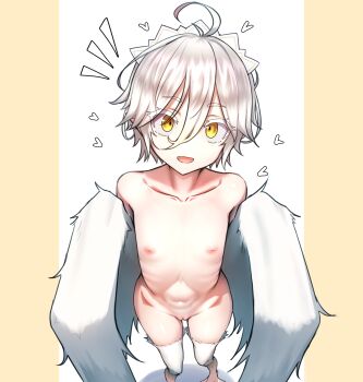 1girl :d actinium89 ahoge cleft_of_venus colored_eyelashes flat_chest from_above hair_between_eyes harpy highres loli looking_at_viewer maid maid_headdress monster_girl navel nipples notice_lines nude open_mouth original pussy ribs short_hair skinny smile white_hair winged_arms wings yellow_eyes