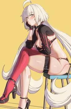 1girl ahoge belt bikini black_bikini black_gloves black_jacket black_shoes breasts chair cleavage commentary cropped_jacket crossed_legs fate/grand_order fate_(series) from_side gloves high_heels highres jacket jeanne_d&#039;arc_alter_(fate) jeanne_d&#039;arc_alter_(swimsuit_berserker)_(fate) long_hair looking_at_viewer o-ring o-ring_bottom on_chair orange_background red_thighhighs sally_(luna-arts) shoes simple_background single_thighhigh sitting solo swimsuit thigh_belt thigh_strap thighhighs very_long_hair white_hair