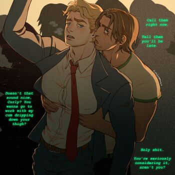 2boys absurdres alternate_costume alternate_universe bags_under_eyes blonde_hair blue_eyes breath brown_hair chikan covered_erect_nipples curly_(mouthwashing) curly_(pre-crash)_(mouthwashing) dark-skinned_male dark_skin highres jimmy_(mouthwashing) molestation mouthwashing multiple_boys pale_skin ren_valentine yaoi