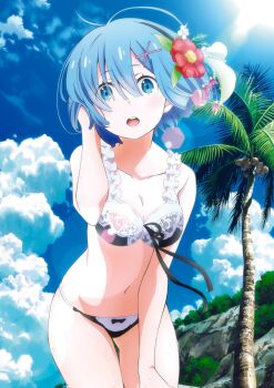 1girl bikini blue_eyes blue_hair cloud coconut coconut_tree collarbone cowboy_shot ebina_hidekazu flower hair_flower hair_ornament highres leaf navel official_art open_mouth palm_tree re:zero_kara_hajimeru_isekai_seikatsu rem_(re:zero) short_hair solo sun sunlight swimsuit tree