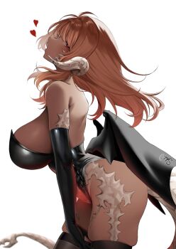 1girl au_ra black_gloves black_thighhighs breasts brown_hair dark-skinned_female dark_skin dragon_horns dragon_tail elbow_gloves final_fantasy final_fantasy_xiv from_above gloves glowing glowing_tattoo highres horns large_breasts leotard long_hair low_wings pubic_tattoo red_eyes shhilee sideboob skindentation solo strapless strapless_leotard tail tattoo thighhighs warrior_of_light_(ff14) white_background white_scales wings