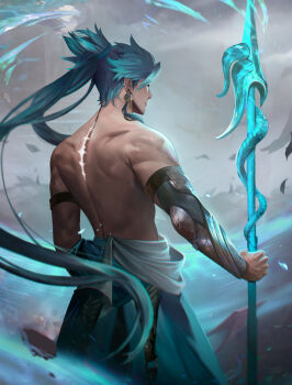 Rule 34 | 1boy, absurdres, bare back, commentary, cowboy shot, earrings, from behind, green hair, highres, holding, holding polearm, holding weapon, jewelry, jiyan (wuthering waves), kimono around waist, long hair, male focus, muscular, muscular male, nervi fd, outdoors, parted lips, polearm, ponytail, shoulder blades, solo, spear, tacet mark (wuthering waves), very long hair, weapon, wuthering waves