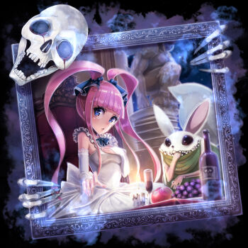 1girl absurdres apple black_background black_eyes blood blue_eyes bottle breasts rabbit candle competition cup dress drinking_glass food framed fruit grapes hand_on_own_chest highres mappaninatta medium_breasts monster_strike original painting_(object) pink_hair portrait rabbit rabbit_ears skeletal_hand skeleton skull skull_ornament solo statue teeth twintails white_dress wine_bottle wine_glass