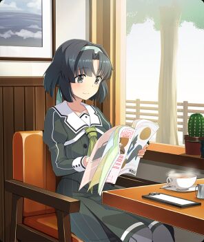 1girl black_hair blush cactus chair closed_mouth cup day dot_nose dress drink fence game_cg green_dress green_hairband green_neckerchief green_serafuku grey_eyes hairband heijou_institute_school_uniform holding holding_magazine long_sleeves magazine_(object) musumi_kiyoka neckerchief notepad official_art on_chair parted_bangs picture_frame pinstripe_dress pinstripe_pattern plant polka_dot_hairband potted_plant reading sailor_collar school_uniform serafuku short_hair sitting smile solo steam table tea teacup third-party_source toji_no_miko toji_no_miko:_kizamishi_issen_no_tomoshibi tree white_sailor_collar window wooden_fence
