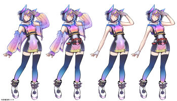 1girl absurdres arm_up bare_shoulders belt black_belt black_hair blonde_hair blue_hair boots commentary_request dated dress fei_luo_mao fingerless_gloves fingernails full_body gloves gradient_thighhighs henshin_belt_gavv highres jacket kamen_rider kamen_rider_gavv kamen_rider_gavv_(poppingummy_form) kamen_rider_gavv_(series) lollipop_in_mouth multicolored_hair multiple_views no_jacket off_shoulder open_clothes open_jacket outline purple_hair rider-tan see-through_clothes see-through_jacket short_dress short_hair simple_background sleeveless sleeveless_dress standing two_side_up white_background white_boots white_gloves white_outline yellow_eyes zipper