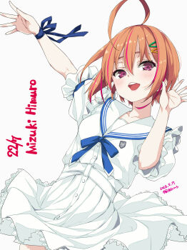 1girl 22/7 ahoge arm_up artist_name blue_bow blue_bowtie blue_ribbon bow bowtie brown_eyes character_name collarbone commentary_request copyright_name cowboy_shot dated dress dutch_angle emblem group_name hair_between_eyes hair_ornament hairclip highres himuro_mizuki kisairo_kaede looking_at_viewer multicolored_hair open_mouth orange_hair pink_hair ribbon sailor_collar sailor_dress short_hair short_sleeves simple_background solo streaked_hair teeth two-tone_hair upper_teeth_only waving white_background white_dress white_sailor_collar wrist_ribbon