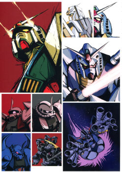 1980s_(style) absurdres back battle bazooka_(gundam) beam_cannon black_tri-stars cable dom_(mobile_suit) earth_federation energy_sword firing gouf gun gundam highres machine_gun machinery magazine_scan mecha mecha_focus mobile_armor mobile_suit mobile_suit_gundam multiple_views muzzle_flash nebula no_humans official_art oldschool one-eyed portrait promotional_art radio_antenna red_eyes retro_artstyle robot rx-78-2_gundam scan science_fiction shoulder_spikes space spikes star_(sky) sword tenjin_hidetaka thrusters traditional_media v-fin weapon yellow_eyes zaku_ii_s_char_custom zeon zeong zero_gravity