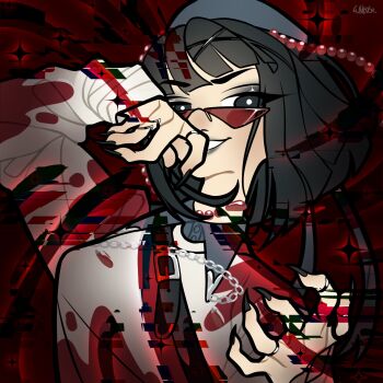 1girl asian belt belt_buckle beret black_belt black_hair black_nails blue_hat blue_shirt blunt_bangs blunt_ends bob_cut buckle chest_belt commentary fingernails floating_hair glitch grey_lips grin hand_on_own_cheek hand_on_own_face hashtag-only_commentary hat highres jewelry layered_shirt lipstick magic makeup multiple_rings nail_polish original red-tinted_eyewear red_background ring sharp_fingernails shirt short_hair signature smile solo sparkle sunglasses tinted_eyewear triangular_eyewear upper_body white_shirt wikate winx_club